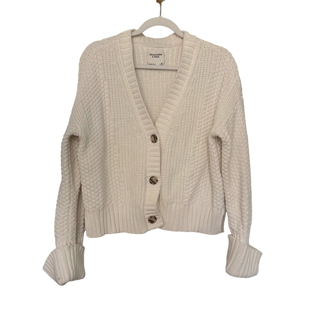 Abercrombie & Fitch Womens Coquette Cardigan Button Knit M Cream V-Neck Ribbed